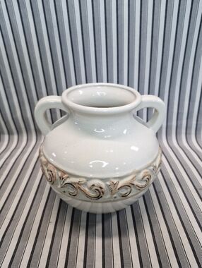 Elegant Expressions Ceramic Planter Cream Scroll Vase 2 Handles Decor